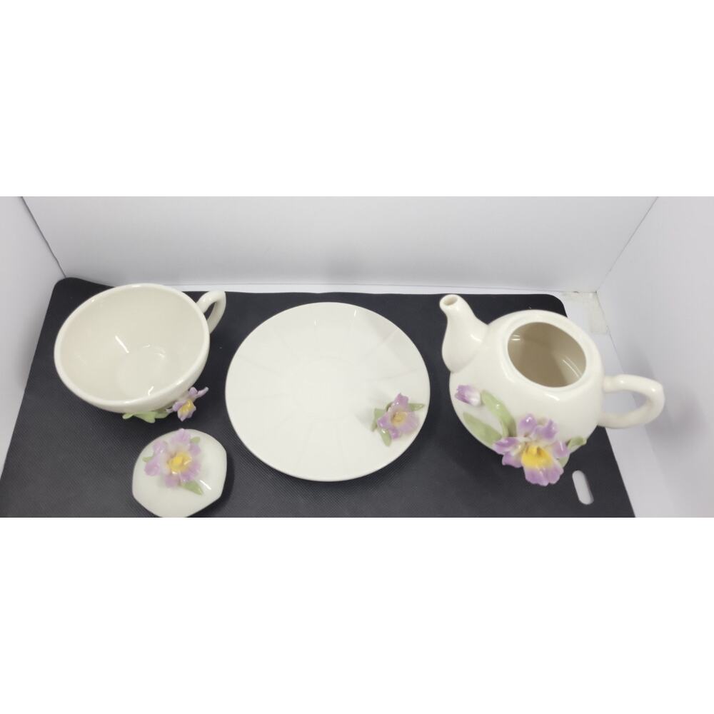 Porcelain Tea For One Set 3D Purple Iris Flowers Teapot Cup Saucer Floral - Picture 7 of 11